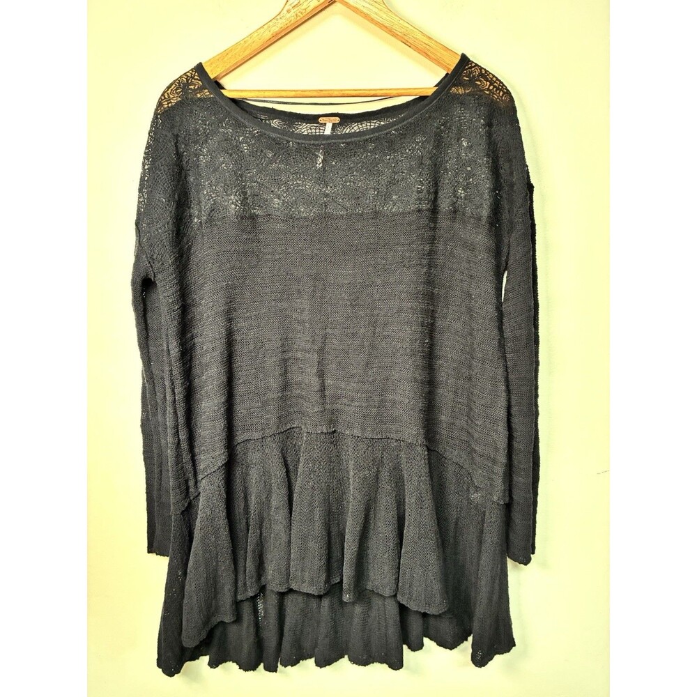 Free People Women's Floral Knit Top Size S/P Black Boho Hippie Minimalist